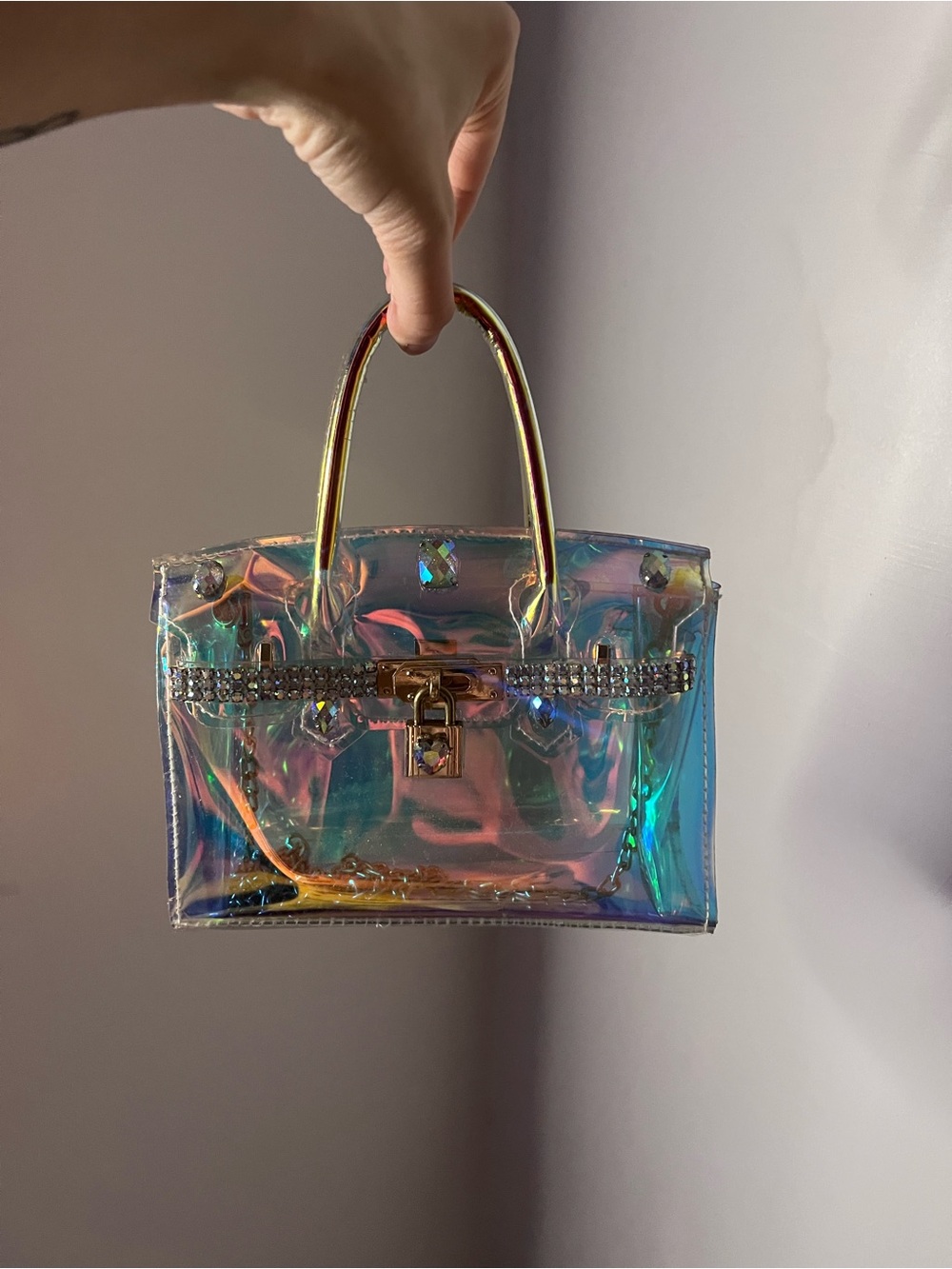 Iridescent Clear Mini Tote Handbag with Gold Chain Strap